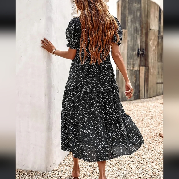 Pretty Garden Polka Dot Ruffle Puff Sleeve Tiered High Waist Midi Dress Large - Picture 3 of 10
